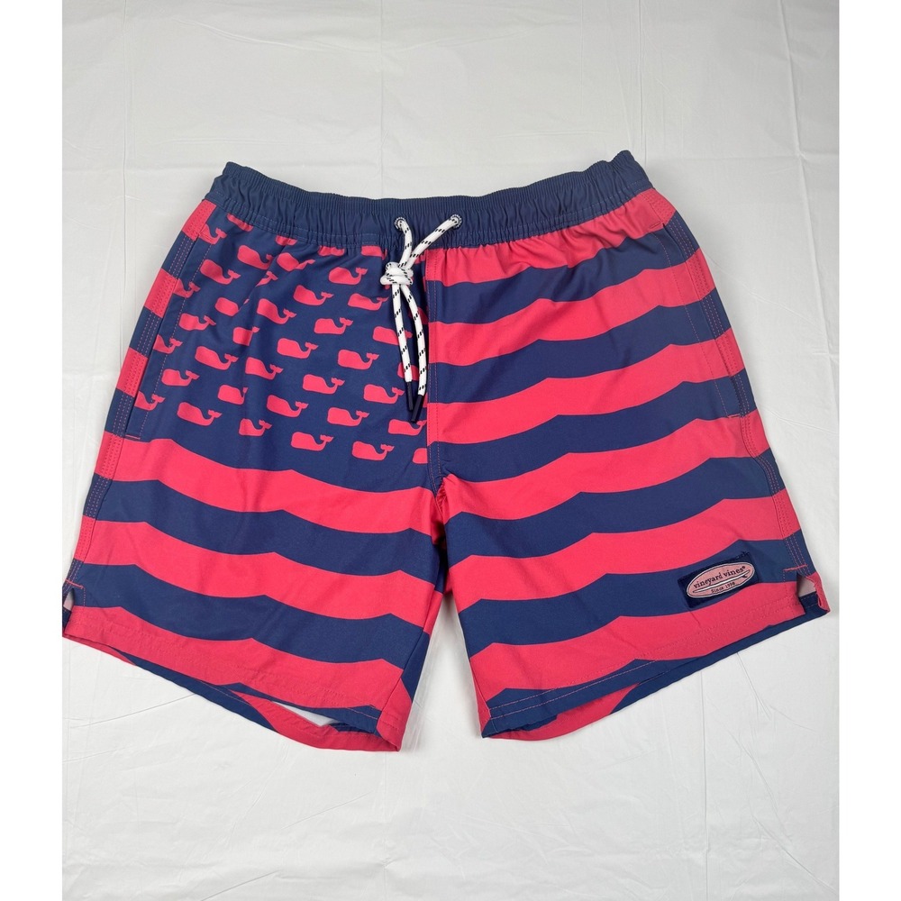 Vineyard Vines Swim Trunks XS Mens Red Blue Flag Whale Stripe Beach Summer